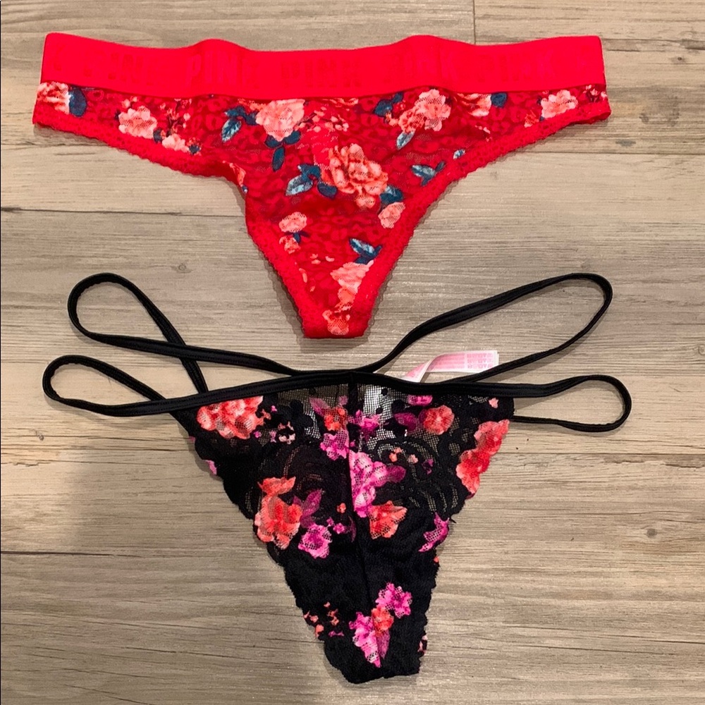 NWT bundle of 2 PINK Floral Large Lace Thong Set - Red and Black